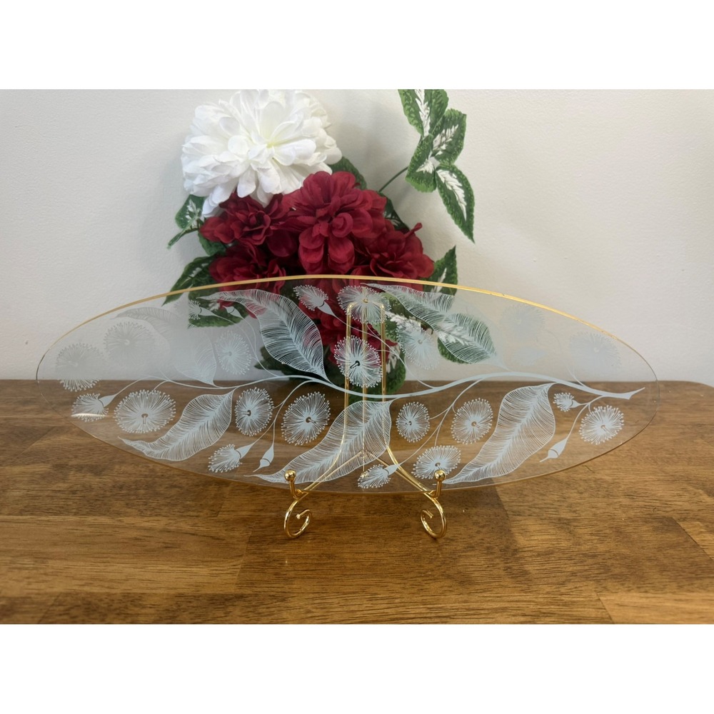 Vintage Chance Glass Oval Floral Gold Trim Serving Tray MCM Decor‎ Retro Platter